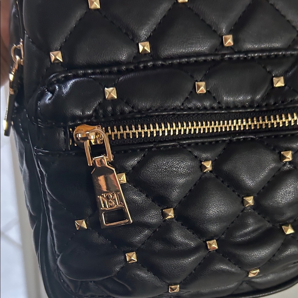 Badgley Mischka Mini Black Quilted Backpack with Gold Studs - Picture 4 of 7
